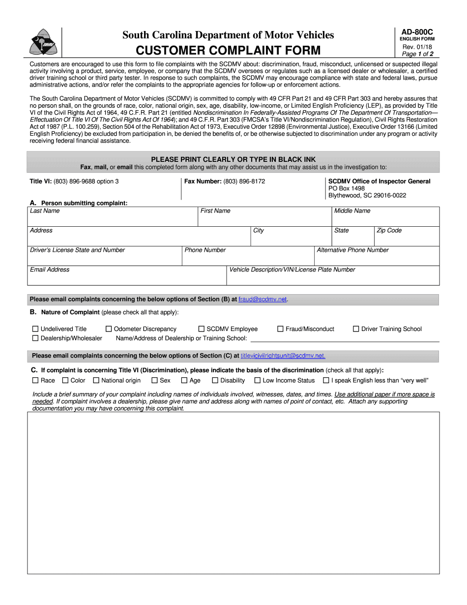  If Filing a Complaint Against a Vehicle Dealership, Please Complete Form DE 002C Dealer Licensing & Audit 2018