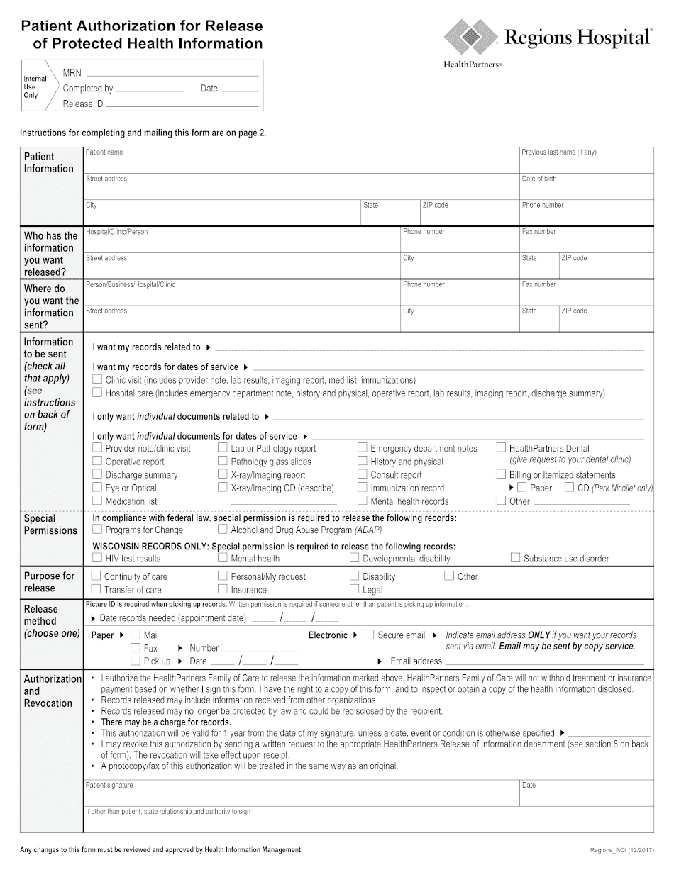 Patient Authorization for Release of Protected Health InformationRegions Hospital