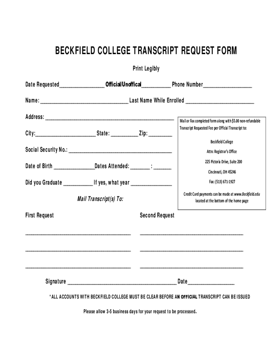 Beckfield College Transcript Request  Form