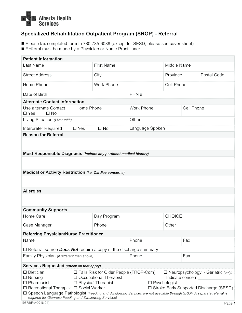  Specialized Rehabilitation Outpatient Program SROP Referral 2016-2024