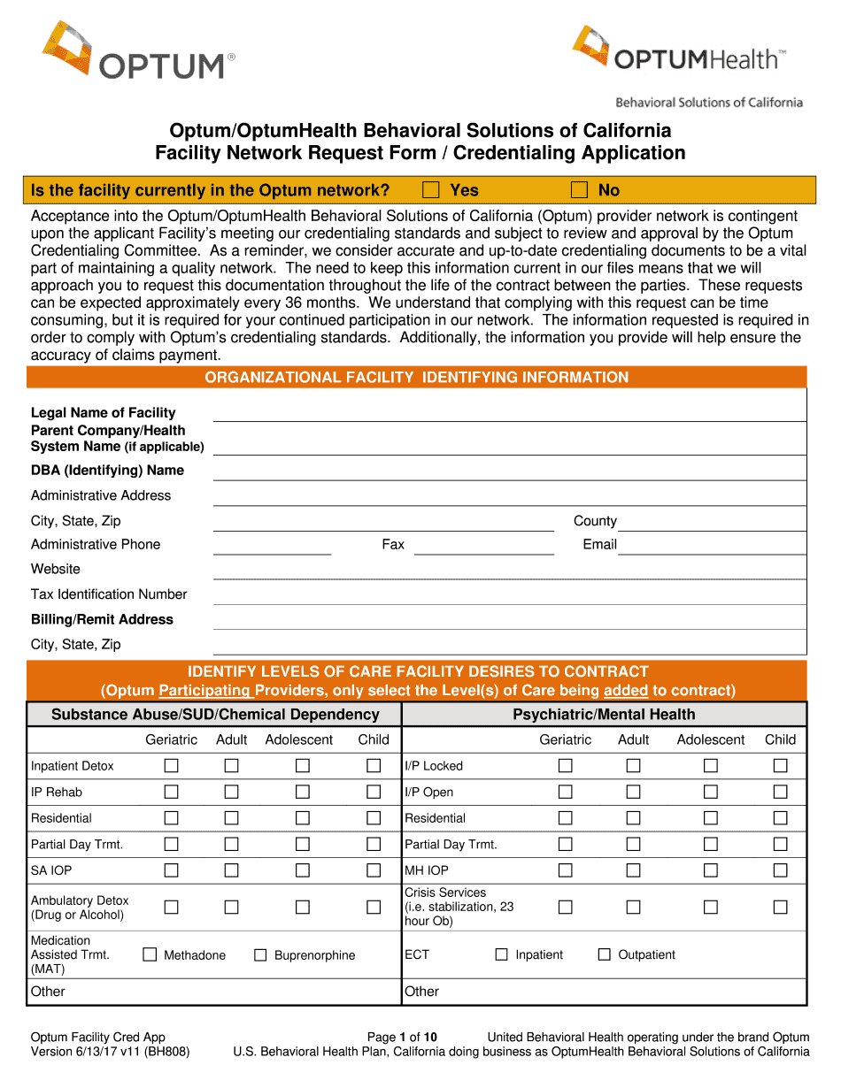  Facility Network Request Form Credentialing Application 2017-2024