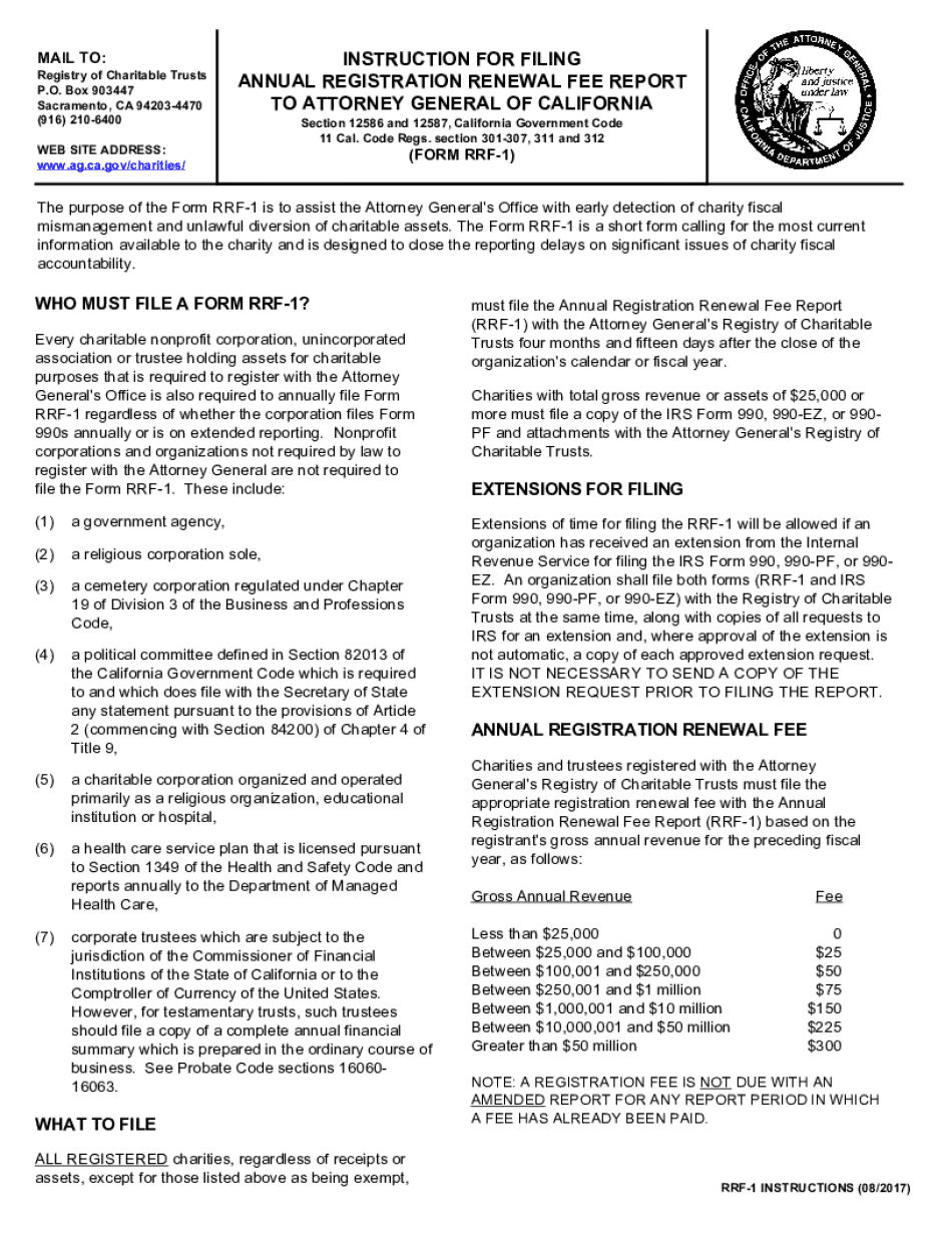  RRF 1, Annual Registrarion Renewal Fee Report to Attorney General of California RRF 1, Annual Registrarion Renewal Fee Report to 2017-2024