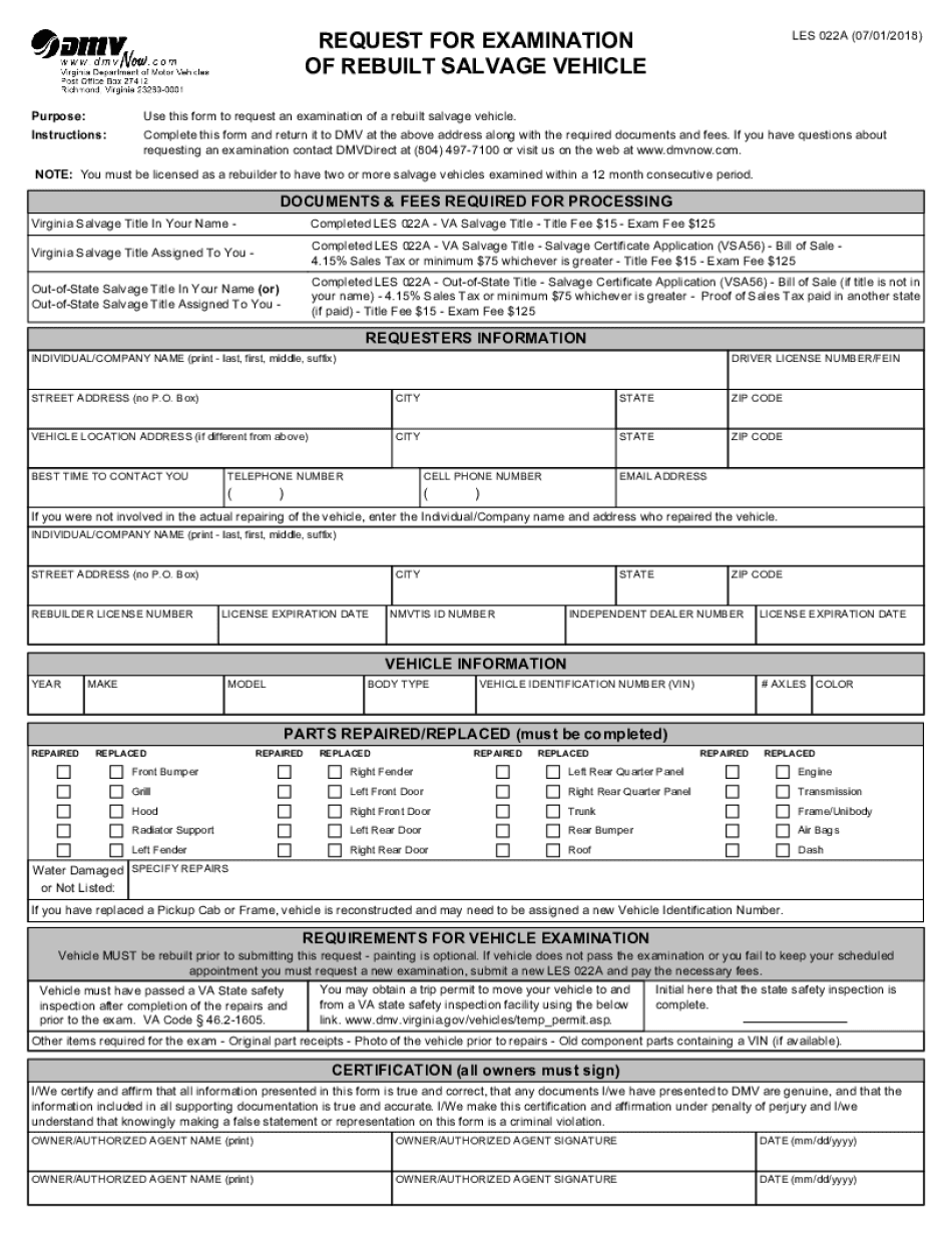 Request for Examination of Rebuilt Salvage Vehicle Virginia DMV  Form