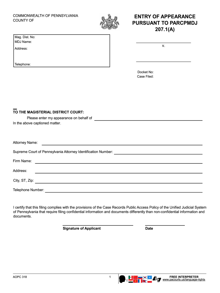 Magesterial Court Pennsylvania Entry of Appearance Fillable  Form