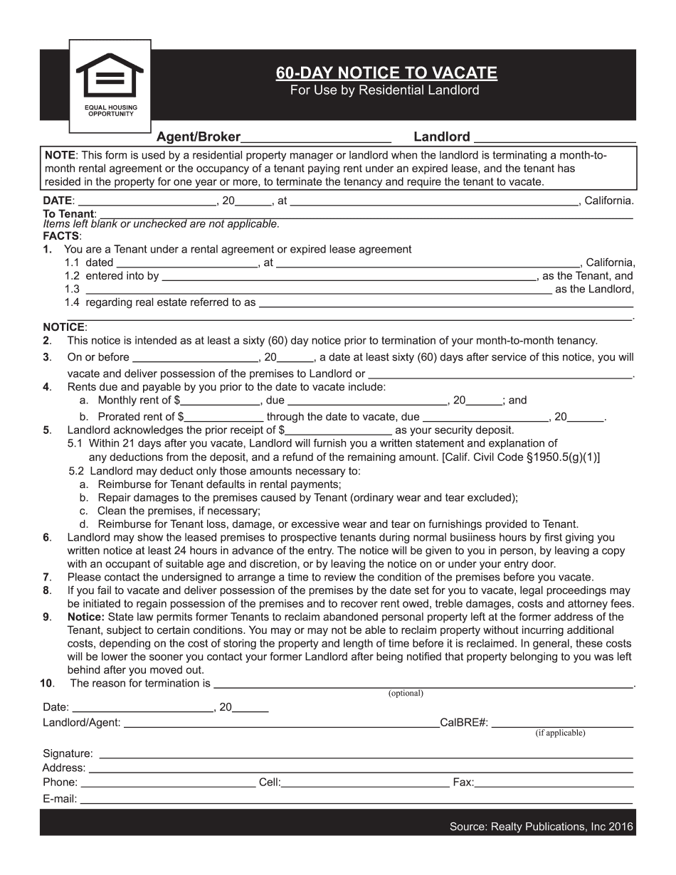  NOTE This Form is Used by a Residential Property Manager or Landlord When the Landlord is Terminating a Month Tomonth Rental Agr 2016-2024