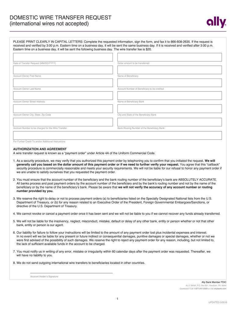  Ally Bank Domestic Wire Transfer Form 2016
