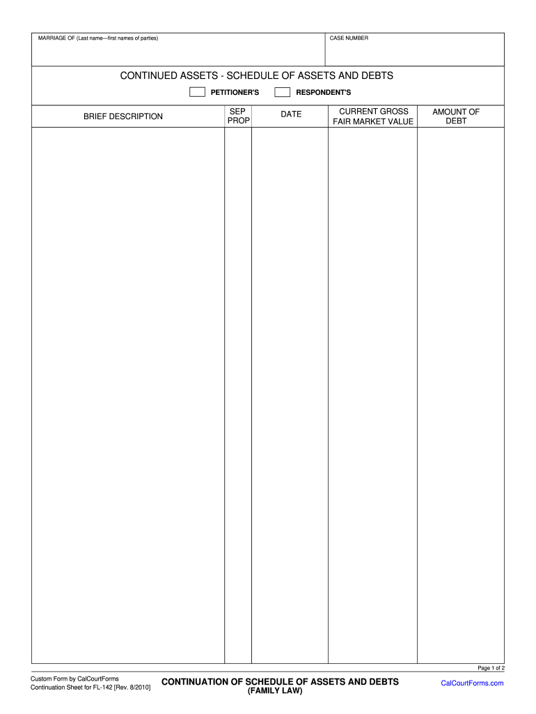 Schedule of Assets and Debts Continuation of Assets Fl143a California Judicial Council Court Forms
