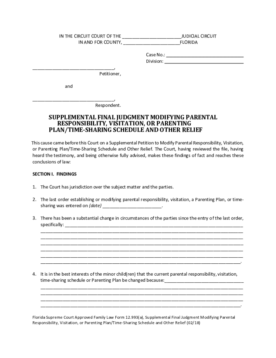  Florida Supreme Court Approved Family Law Form 12 993a, Supplemental Final Judgment Modifying Parental Responsibility, Visitatio 2018-2024