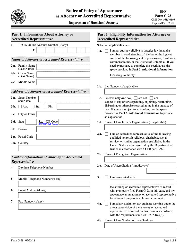  Form G 28, Notice of Entry of Appearance as Attorney or USCIS 2018