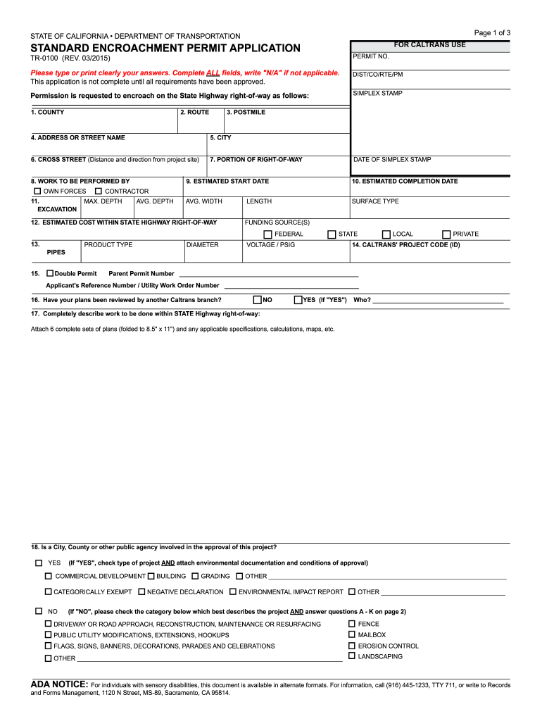 Standard Encroachment Permit Application TR 0100 PDF  Form