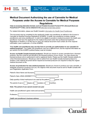 Medical Document Authorizing the Use of Cannabis for Medical Purposes under the Access to Cannabis for Medical Purposes Regulati  Form