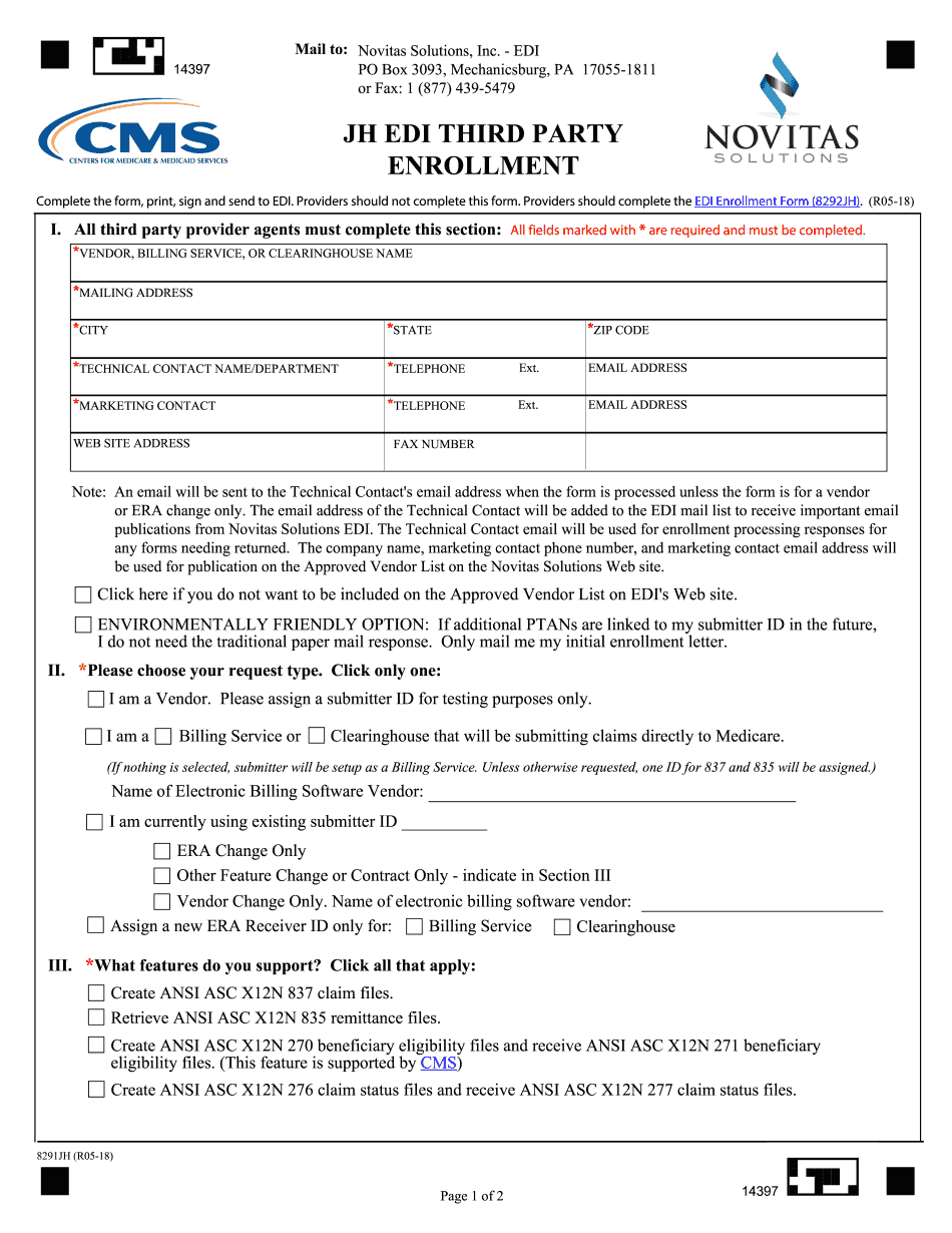  EDI 8291JH Vendor Agreement Enrolling EDI Vendors, Clearinghouses or Billing Services for Medicare EDI, New Contracts 2018-2024