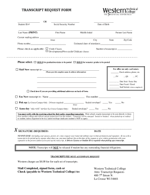 Western Technical College Transcript Request  Form