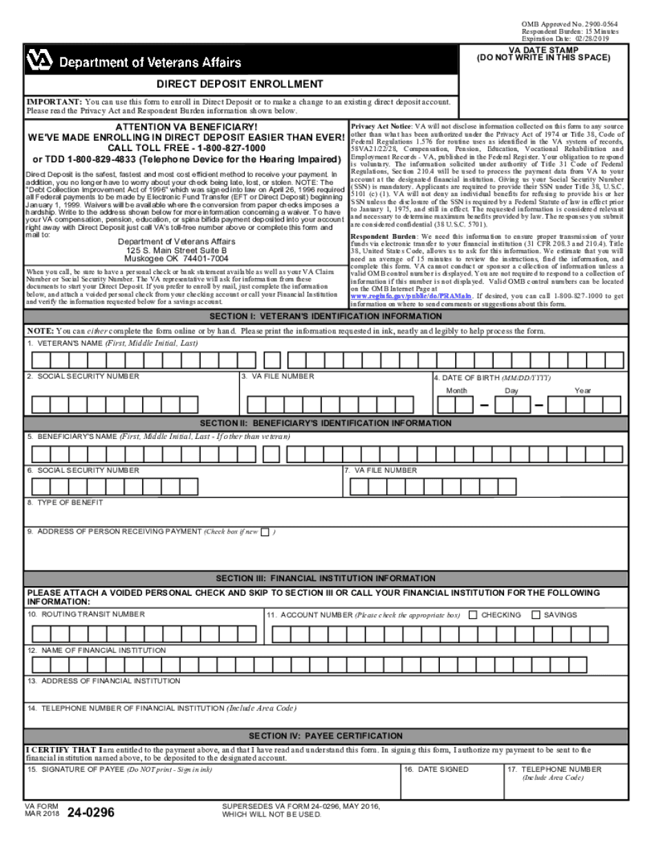  Va Form 24 0296 Printable 2018-2024