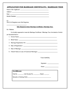 Application for Certificate of Marriage  Form