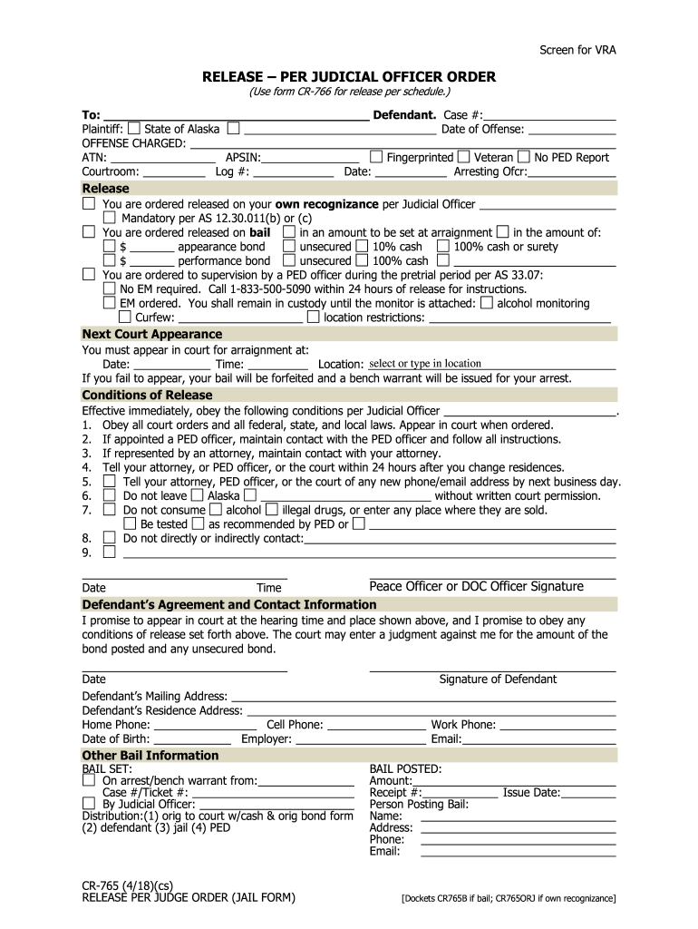  CR 765 Release Jail Form  State of Alaska 2018