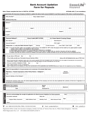 Exide Life Insurance Bank Account Updation Form