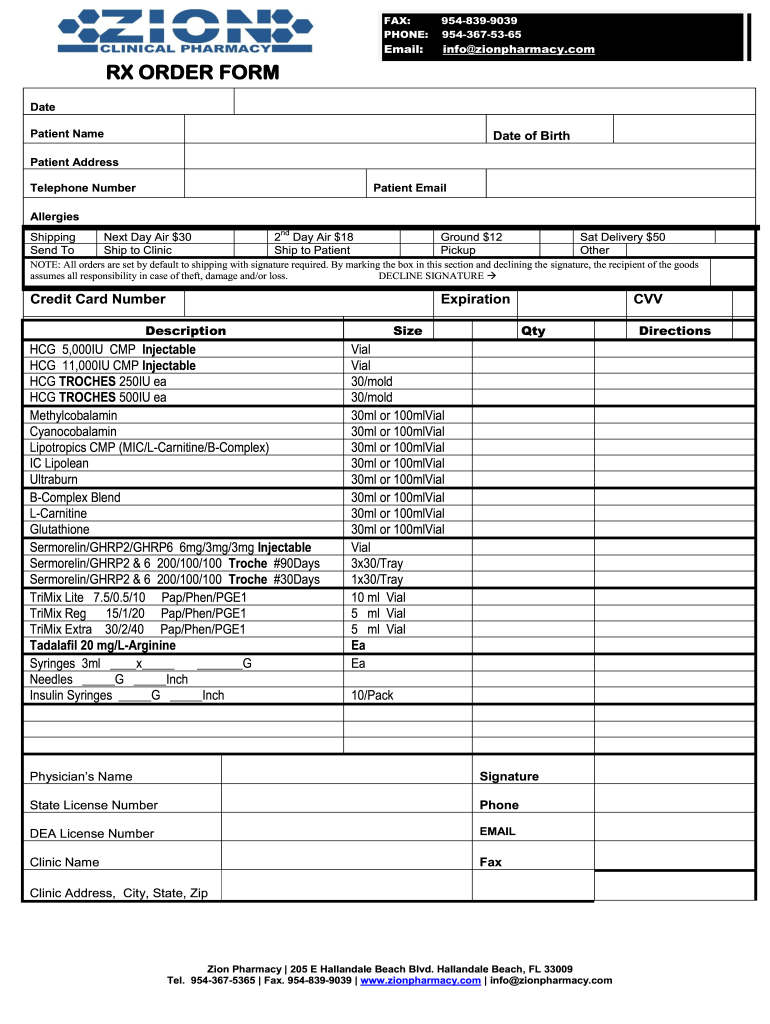 Rx Order Form Zion Clinic Pharmacy