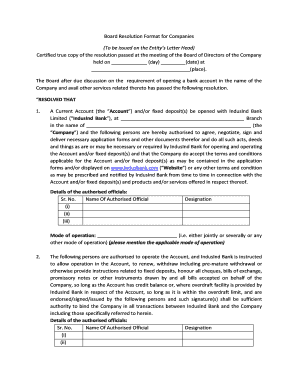 Board Resolution Format for Companies to Be IndusInd Bank