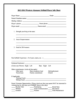 Softball Player Information Sheet