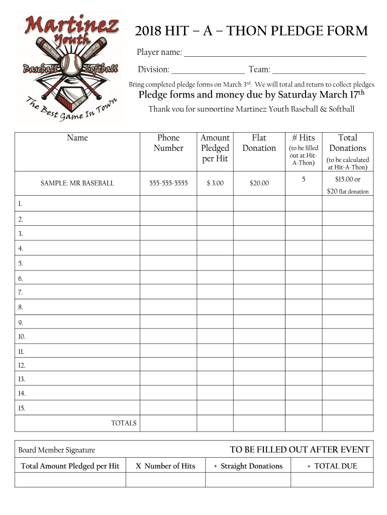  Hit a Thon Pledge Sheet 2018