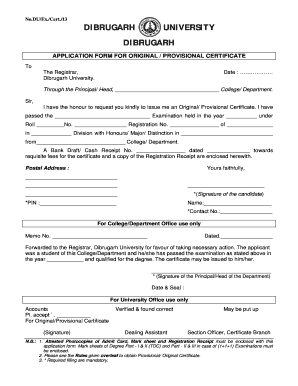 Dibrugarh University Original Certificate Form PDF