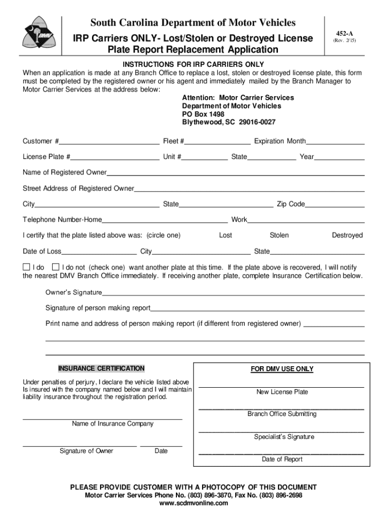 452 a IRP Carriers ONLY LostStolen or Destroyed License Plate Report Replacement Application  Form