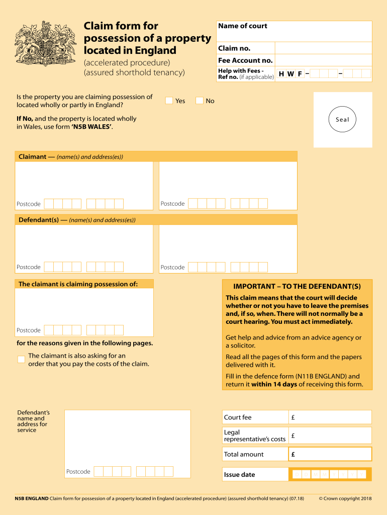 Claim Form for Possession of a Property Located in England