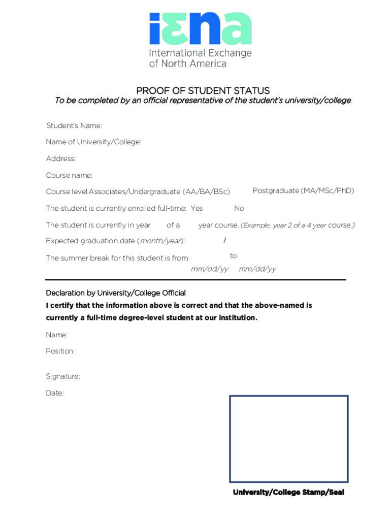 PROOF of STUDENT STATUS to Be Completed by an Offi  Form