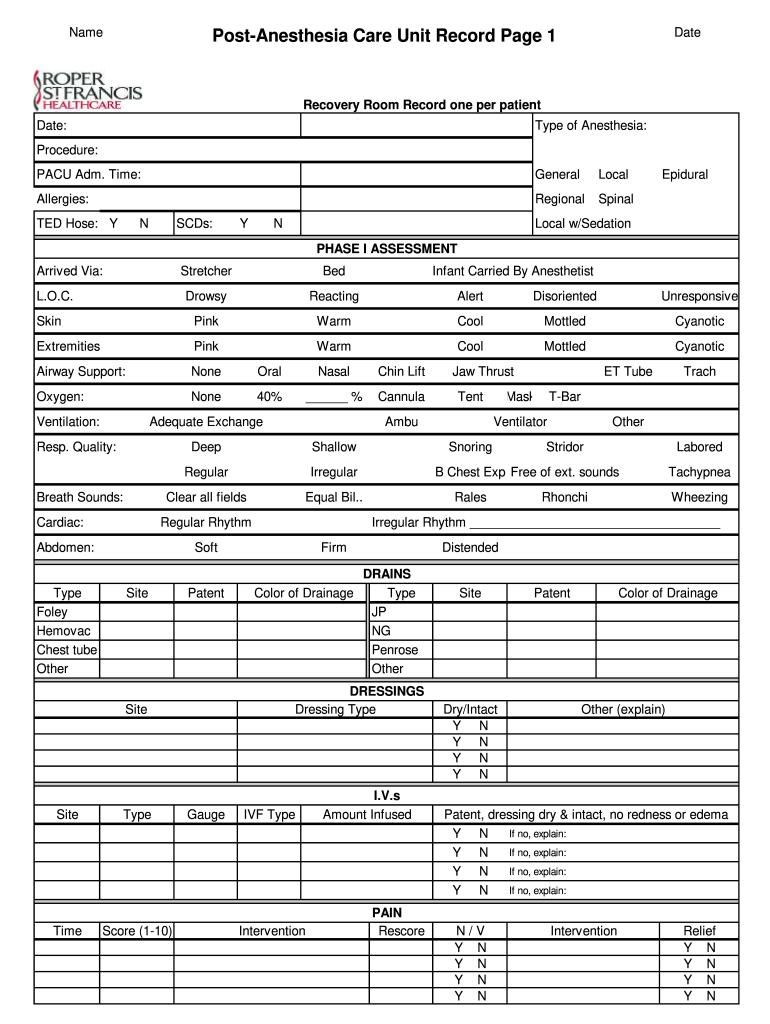 Anesthesia Pacu Pre Printed Order  Form