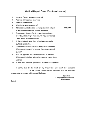 Medical Certificate for Arms License  Form