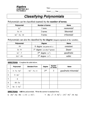 Classify Polynomials Worksheet  Form