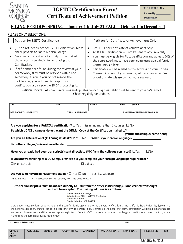  IGETC Certification Form 2018