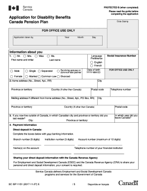 Application for Disability Benefits Canada Pension Plan ISP1151E  Form