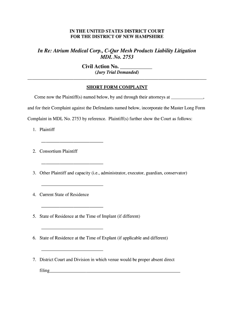 Atrium Medical Corp , C Qur Mesh Products Liability Litigation MDL  Form