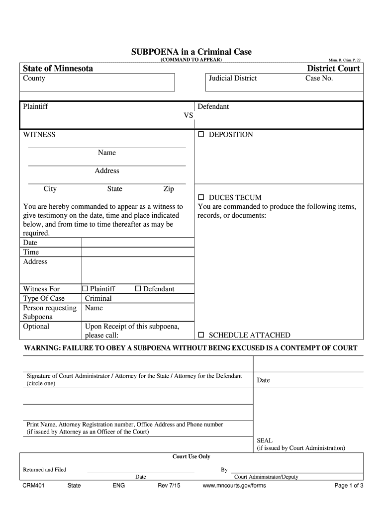  Minnesota Criminal Subpoena 2015-2024