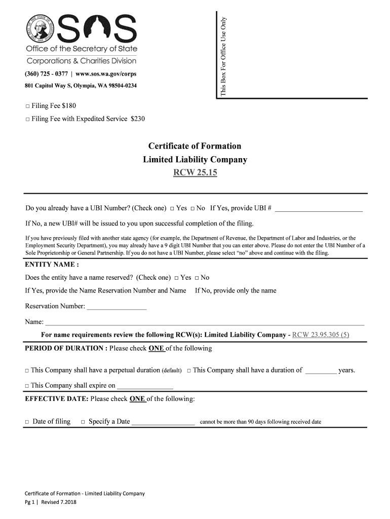 Certificate of Formation Washington Limited Liability Company