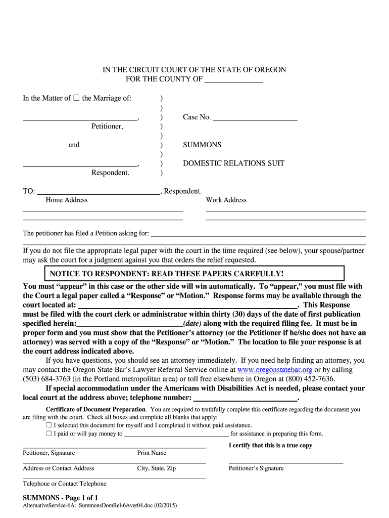  Oregon Civil Summons Form 2015