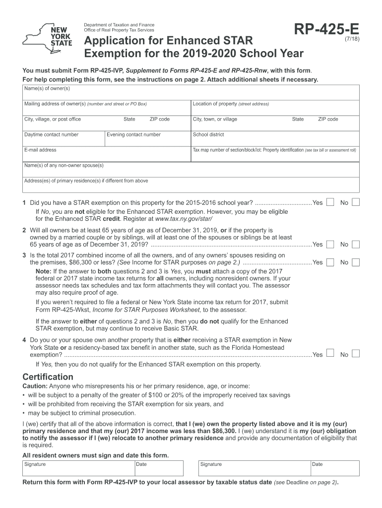  Form RP 425 E718Application for Enhanced STAR Exemption for the  School Yearrp425e 2018