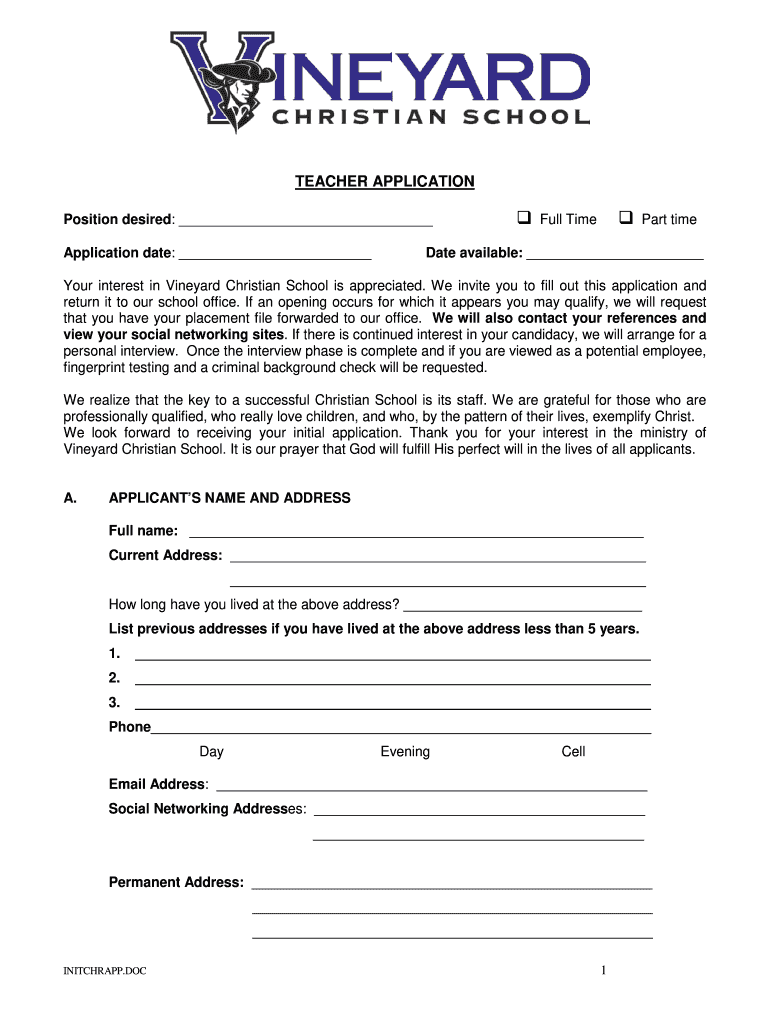 Initial Teacher Application Vineyard Christian School  Form
