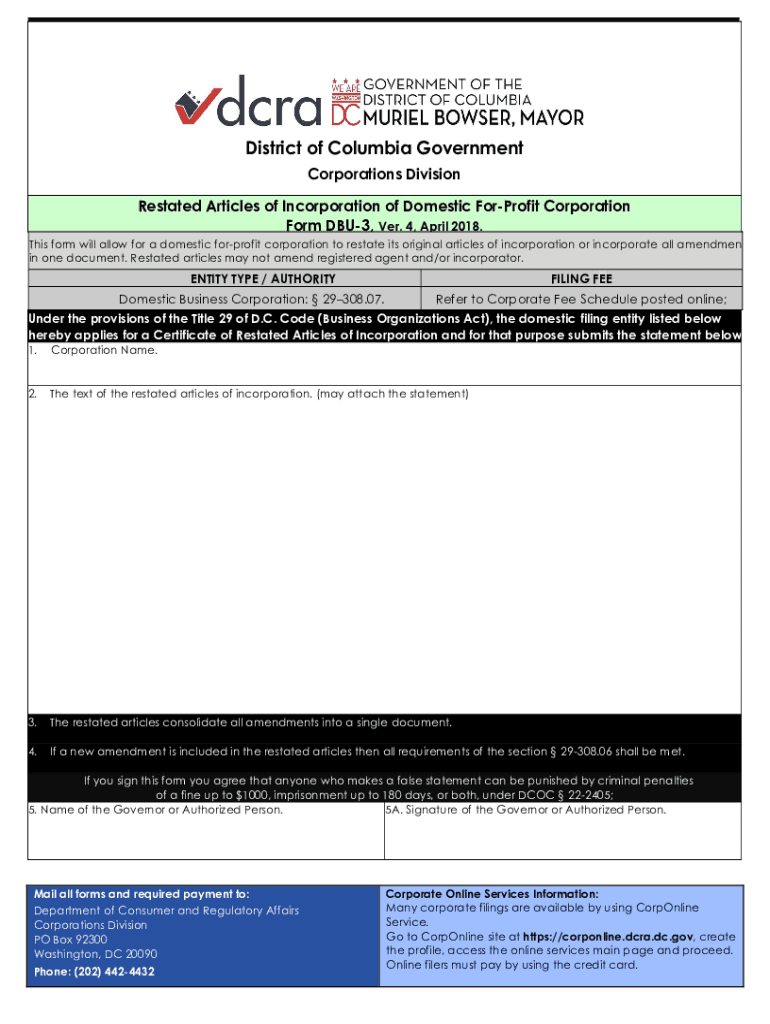 Restated Articles of Incorporation of Domestic for Profit Corporation  Form