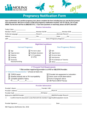  Molina Healthcare Pregnancy Notification Form 2016