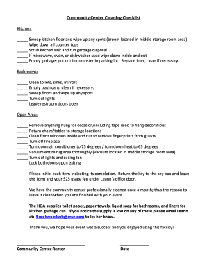 Community Center Cleaning Checklist  Form