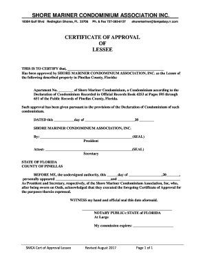 Certificate of Lessee Approval Shore Mariner Condominium  Form
