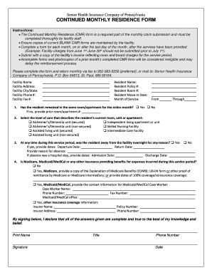 Continental Casualty Company Continued Monthly Residence Form