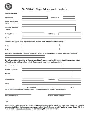  in Zone Player Release Application Form 2018