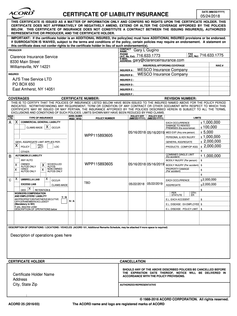 Certificate of Liability Insurance AJ&#039;s Tree Service  Form