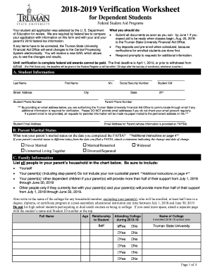  Dependent Verification Worksheet for  Truman State 2019-2024