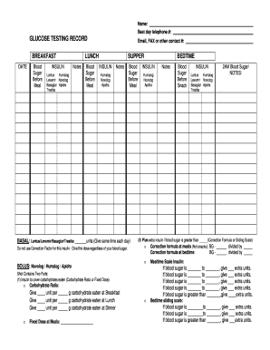 Standard Glucose Testing Record Sheet Diabetes Patientuse  Form