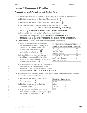 Lesson 2 Homework Practice Theoretical and Experimental Probability  Form